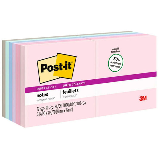 Post-it&reg; Super Sticky Recycled Notes - Wanderlust Pastels Color Collection - 1080 - 3" x 3" - Square - 90 Sheets per Pad - Unruled - Pink Salt, Positively Pink, Orchid Frost, Fresh Mint, Pebble Gr