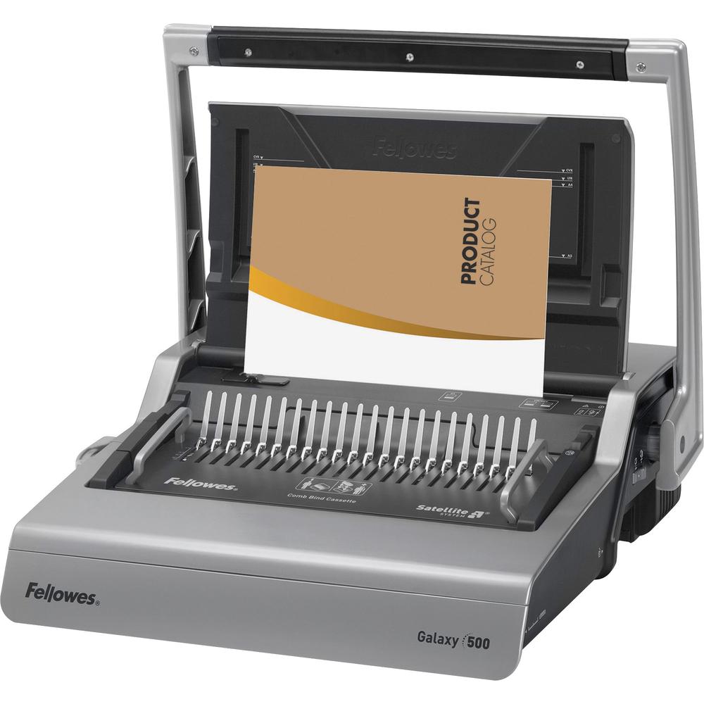 Fellowes Galaxy&trade; 500 Comb Binding Machine w/ Starter Kit - CombBind - 500 Sheet(s) Bind - 28 Punch - 6.5" x 20.9" x 17.8" - Metallic Silver, Black