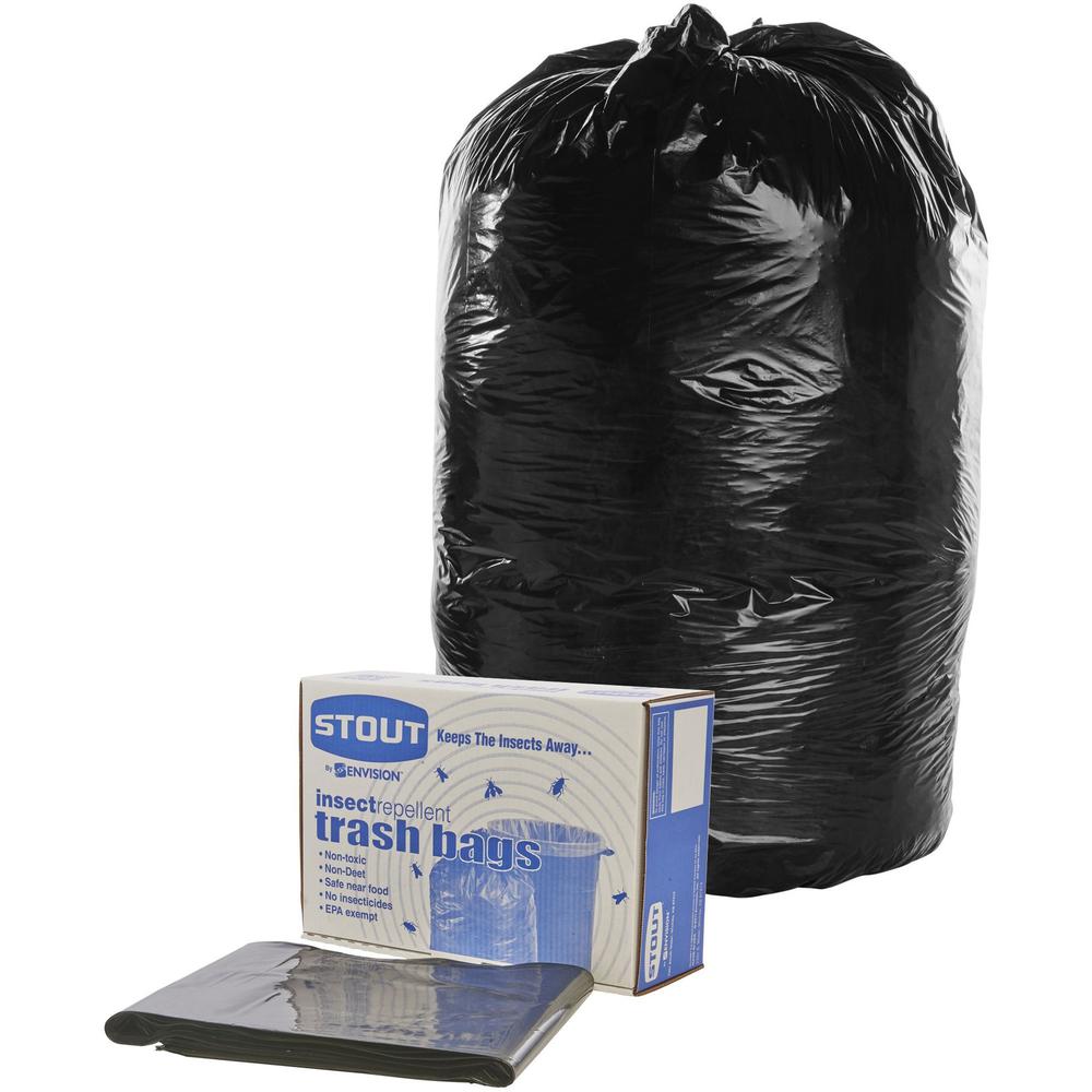 Stout Insect Repellent Trash Bags - 35 gal Capacity - 33" Width x 40" Length - 2 mil (51 Micron) Thickness - Black - Polyethylene - 80/Carton - Recycled