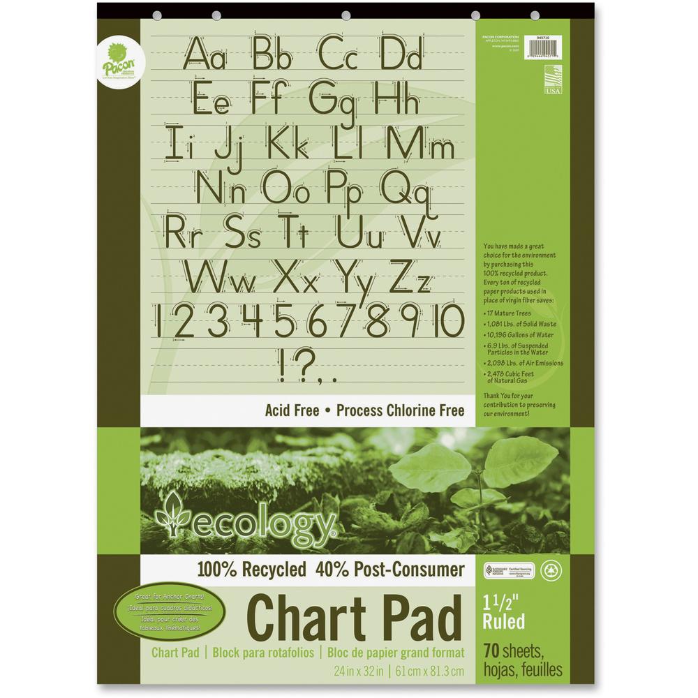 Decorol Recycled Chart Pad - 70 Sheets - Strip - Front Ruling Surface - Ruled - 1.50" Ruled - 24" x 32" - White Paper - Manuscript Cover - Eco-friendly, Acid-free, Padded, Tab, Chipboard Backing, Hole