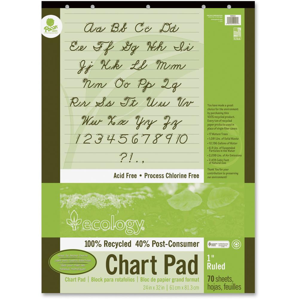 Decorol Recycled Chart Pad - 70 Sheets - Front Ruling Surface - Ruled - 1" Ruled - 24" x 32" - White Paper - Cursive Cover - Eco-friendly, Acid-free, Padded, Tab, Chipboard Backing, Hole-punched, Chlo