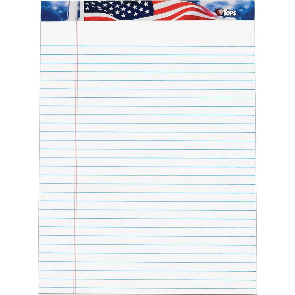 TOPS American Pride Writing Tablets - 50 Sheets - Strip - 0.34" Ruled - 16 lb Basis Weight - 8 1/2" x 11 3/4" - White Paper - Blue, Red, White Cover - Unpunched, Perforated - 12 / Pack