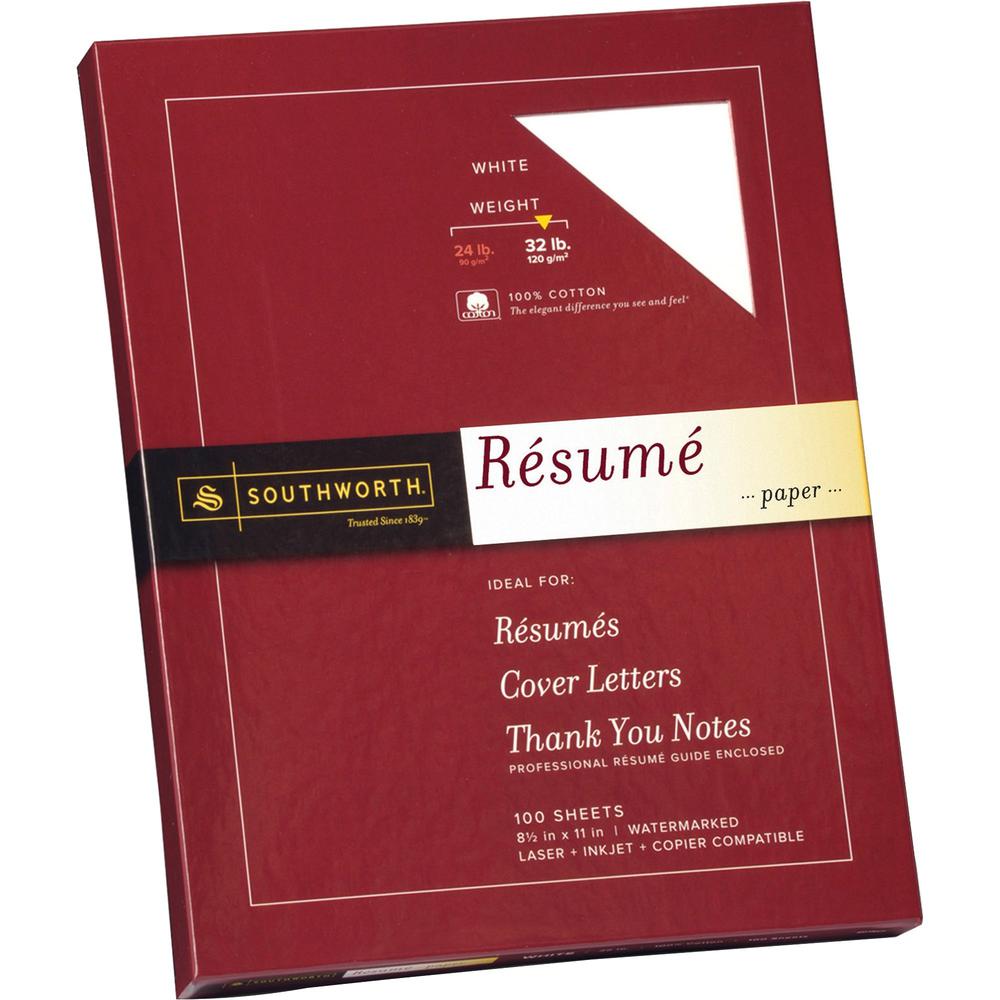 Southworth 100% Cotton Resume Paper - Letter - 8 1/2" x 11" - 32 lb Basis Weight - Wove - 100 / Box - Acid-free, Watermarked - White