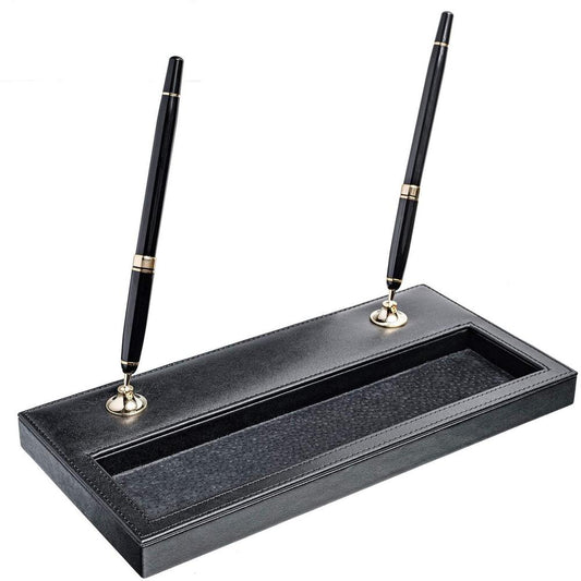 Dacasso Double Pen Stand with Gold Accent - 1" x 11.12" - Leather - Black