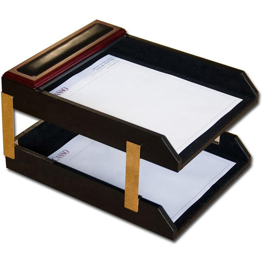 Dacasso Rosewood & Leather Double Letter Trays - 7.3" Height x 10.5" Width x 13.8" DepthDesktop - Black - Wood, Leather - 1 Each