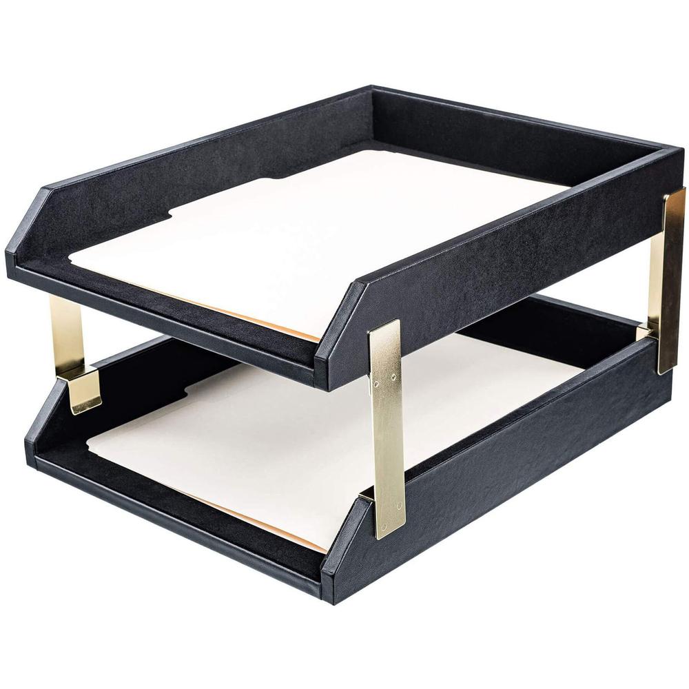 Dacasso Double Letter/ Legal Tray - 7.25" x 10.5" - 2 Tier(s) - Leather - Black