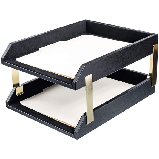 Dacasso Double Letter/ Legal Tray - 7.25" x 10.5" - 2 Tier(s) - Leather - Black