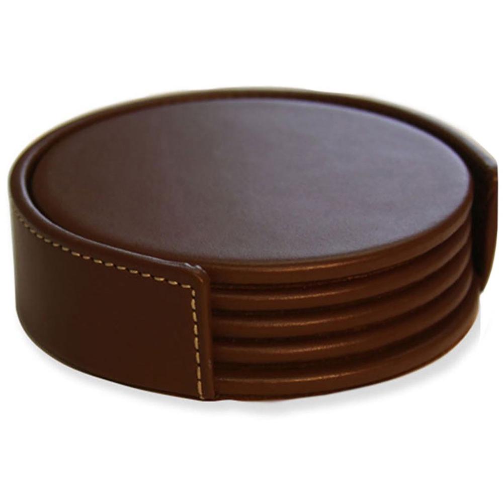 Dacasso Coaster Set with Holder - 4 Coaster of 4" Diameter - Circle - Brown - Leather