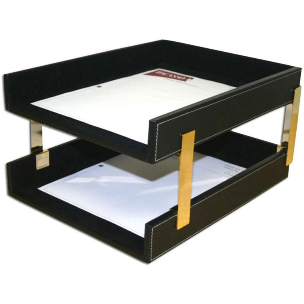 Dacasso Double Front Load Stacking Letter Tray - 2" x 10.6" - Leather - Black