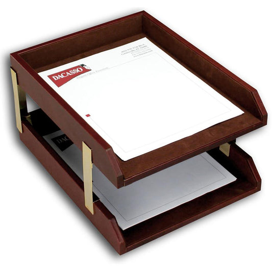 Dacasso Double Front Load Letter / Legal Trays - 2" x 10.5" - Leather - Mocha