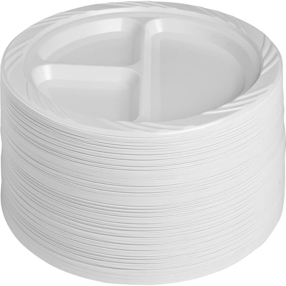 Genuine Joe 9" Round Divided Plates - Disposable - White - Plastic Body - 125 / Pack