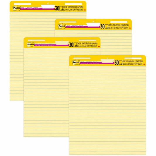 Post-it&reg; Super Sticky Easel Pad - 30 Sheets - Stapled - Feint Blue Margin - 18.50 lb Basis Weight - 25" x 30" - Canary Yellow Paper - Self-adhesive, Bleed-free, Perforated, Repositionable, Resist