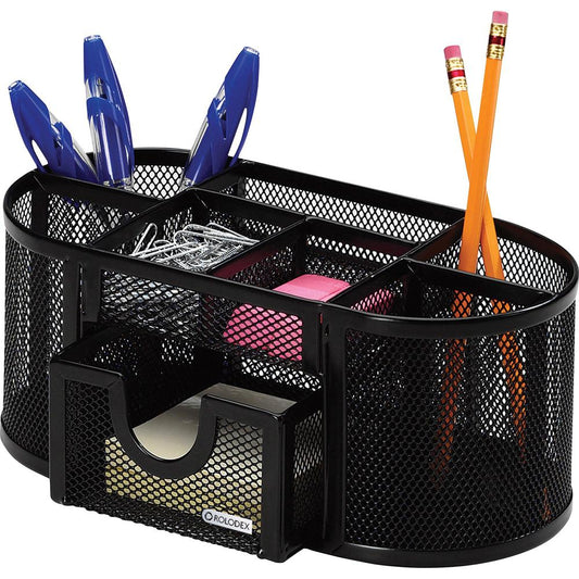 Rolodex Mesh Oval Pencil Cup - 4 Compartment(s) - 9.3" Width x 4.5" Depth%Desktop - Black - Steel - 1 Each