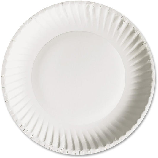 AJM 6" Green Label Economy Paper Plates - 100 / Bag - Microwave Safe - White - Paper Body - 10 / Carton