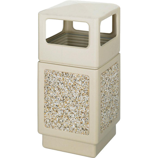 Safco Indoor/outdoor Square Receptacles - 38 gal Capacity - Square - 39.3" Height x 18.3" Width x 18.3" Depth - Plastic, Stone - Tan - 1 Each