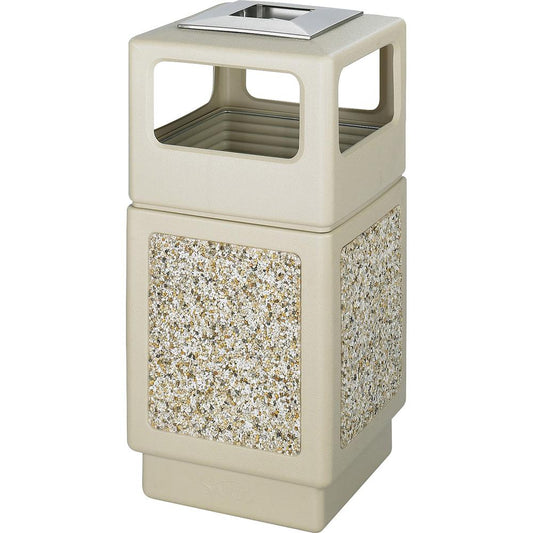 Safco Plastic/Stone Aggregate Receptacles - 38 gal Capacity - Square - 39.3" Height x 18.3" Width x 18.3" Depth - Polyethylene, Stainless Steel - Tan - 1 Each