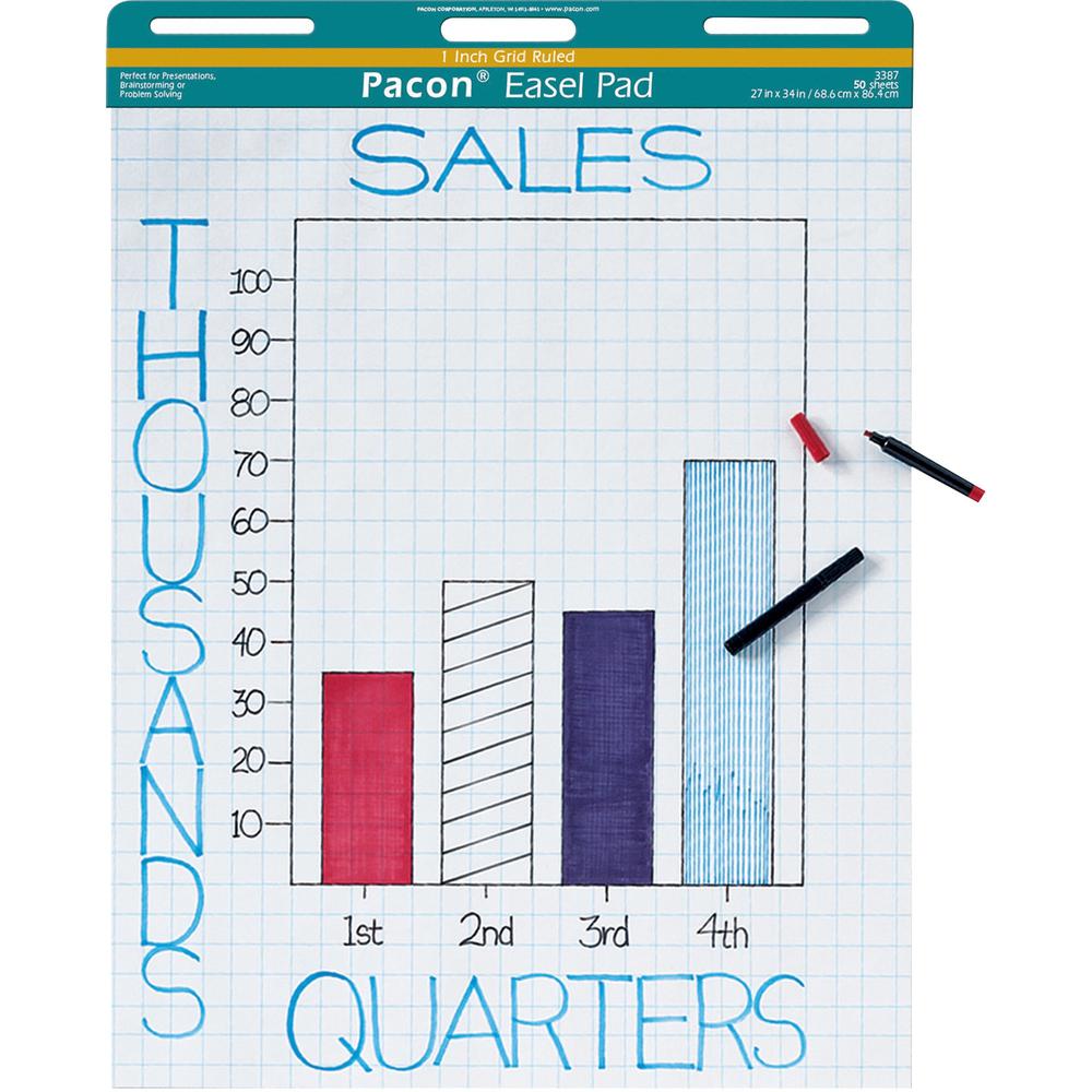 Pacon Grid Ruled Easel Pads - 50 Sheets - Stapled/Glued - Front Ruling Surface - Grid Ruled - 1" Ruled - 27" x 34" - White Paper - Chipboard Cover - Perforated, Bond Paper - 50 / Pad