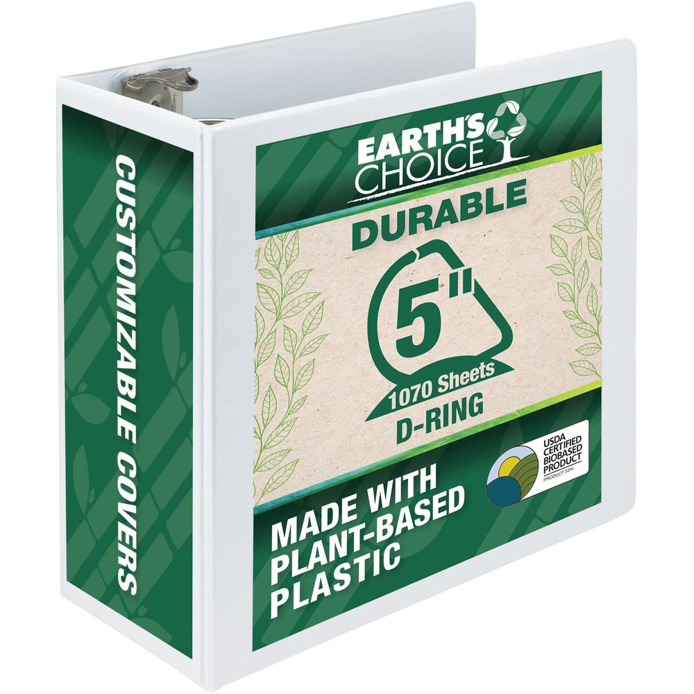 Samsill Earth's Choice Plant-based Durable View Binder - 5" Binder Capacity - Letter - 8 1/2" x 11" Sheet Size - 1070 Sheet Capacity - D-Ring Fastener(s) - 2 Pocket(s) - Plastic, Chipboard - White - 1