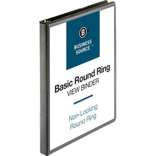 Business Source Round-ring View Binder - 1/2" Binder Capacity - Letter - 8 1/2" x 11" Sheet Size - 125 Sheet Capacity - Round Ring Fastener(s) - 2 Internal Pocket(s) - Polypropylene - Black - Wrinkle-