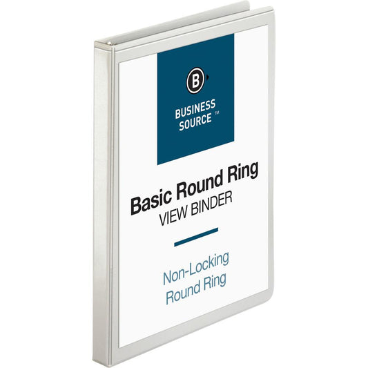 Business Source Round-ring View Binder - 1/2" Binder Capacity - Letter - 8 1/2" x 11" Sheet Size - 125 Sheet Capacity - Round Ring Fastener(s) - 2 Internal Pocket(s) - Polypropylene - White - Wrinkle-