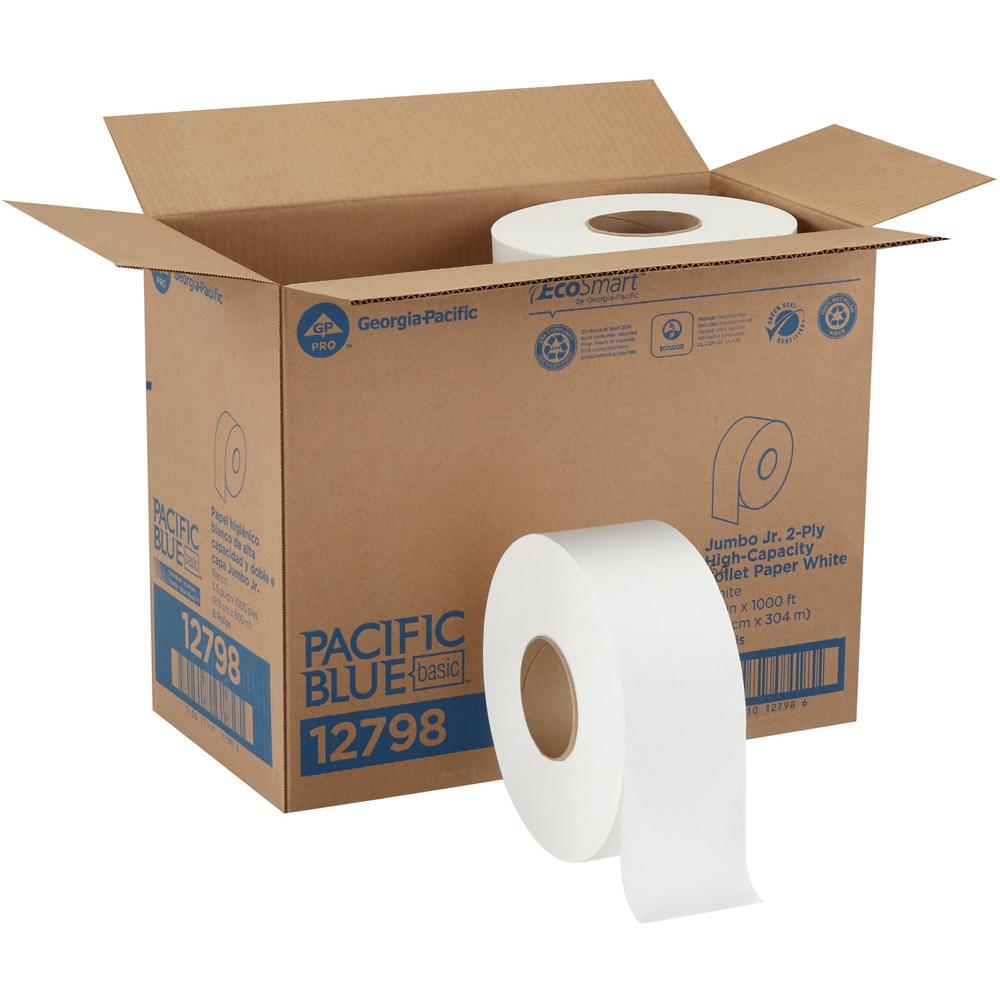 Pacific Blue Basic Jumbo Jr. High-Capacity Toilet Paper - 2 Ply - 3.50" x 1000 ft - White - Fiber - Chlorine-free - For Multipurpose - 8 / Carton