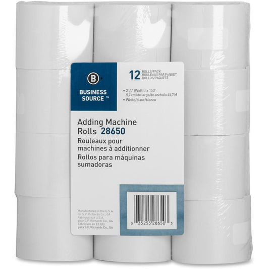 Business Source 150' Adding Machine Rolls - 2 1/4" x 150 ft - 12 / Pack - Sustainable Forestry Initiative (SFI) - Lint-free - White