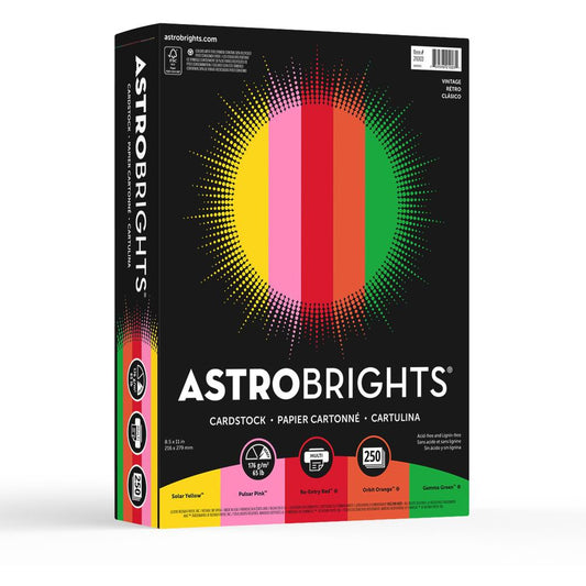 Astrobrights Colored Cardstock - "Vintage" 5-Color Assortment - Letter - 8 1/2" x 11" - 65 lb Basis Weight - 250 / Pack - Acid-free, Lignin-free - Solar Yellow, Pulsar Pink, Re-entry Red, Orbit Orange