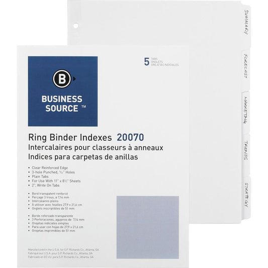 Business Source 3-Ring Plain Tab Indexes - 5 Write-on Tab(s)2" Tab Width - 8.5" Divider Width x 11" Divider Length - Letter - 3 Hole Punched - White Divider - Recycled - Mylar Reinforced Edge, Punched