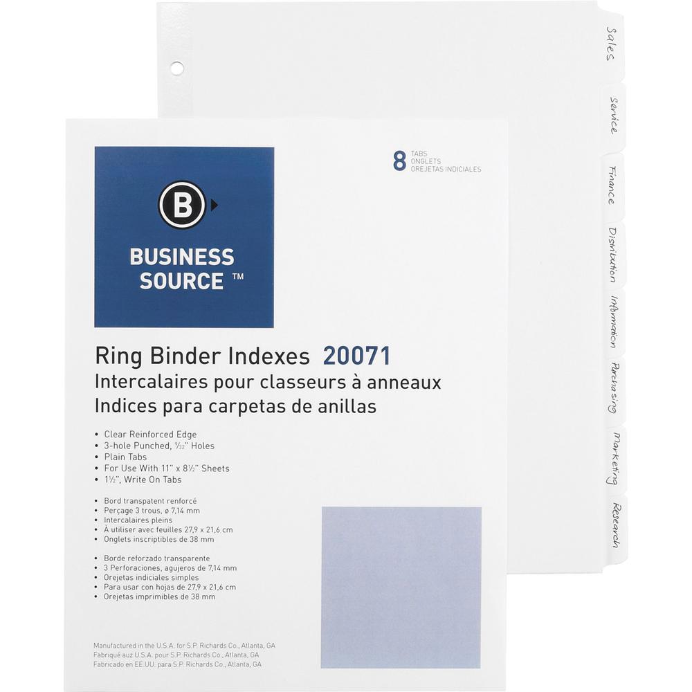 Business Source 3-Ring Plain Tab Indexes - 8 Write-on Tab(s)1.25" Tab Width - 8.5" Divider Width x 11" Divider Length - Letter - 3 Hole Punched - White Divider - Recycled - Punched, Mylar Reinforced E