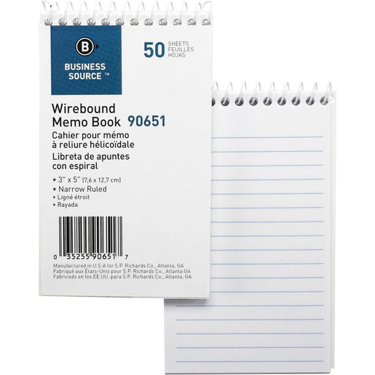 Business Source Wirebound Memo Books - 50 Sheet(s) - Wire Bound - 5" x 3" Sheet Size - White - White Sheet(s) - 1 Dozen