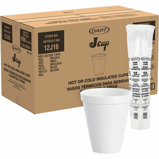 Dart Insulated Foam Cups - 40 / Pack - 12 fl oz - Round - 25 / Carton - White - Foam - Beverage, Tea, Coffee, Soft Drink, Juice, Hot Cider, Hot Chocolate, Cappuccino, Cold Drink, Hot Drink