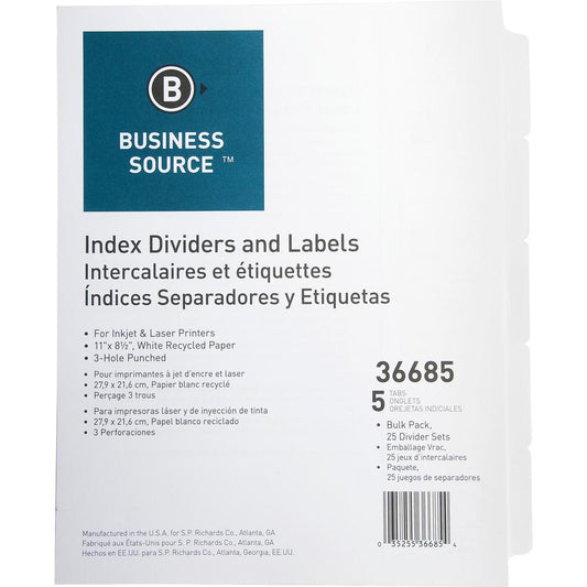 Business Source Punched Laser Index Dividers - 5 Blank Tab(s) - 8.5" Divider Width x 11" Divider Length - Letter - 3 Hole Punched - White Paper Divider - White Tab(s) - Recycled - Mylar Reinforcement,