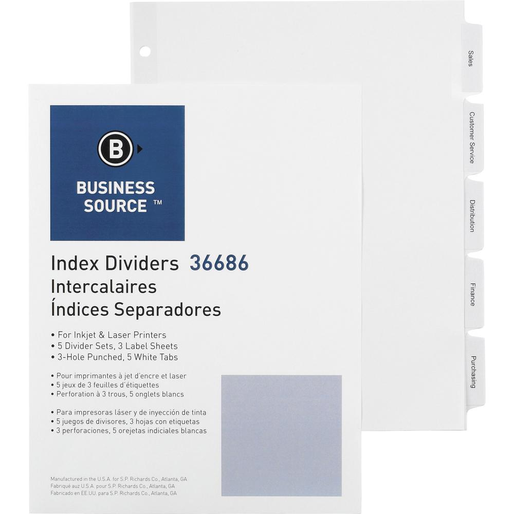 Business Source Punched Tabbed Laser Index Dividers - 5 Blank Tab(s) - 11" Divider Width - 3 Hole Punched - White Paper Divider - White Tab(s) - Recycled - Mylar Reinforcement, Reinforced, Punched - 5