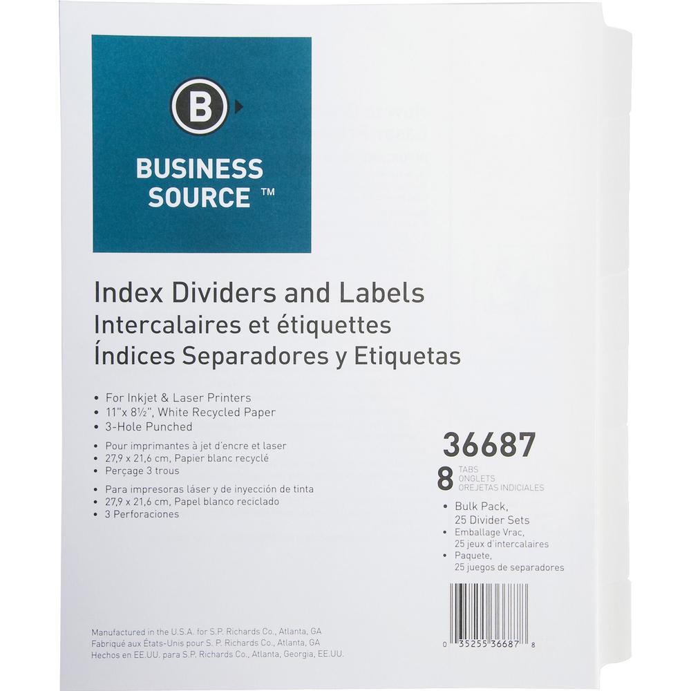 Business Source Punched Laser Index Dividers - 8 Blank Tab(s) - 8.5" Divider Width x 11" Divider Length - Letter - 3 Hole Punched - White Paper Divider - White Tab(s) - Recycled - Mylar Reinforcement,