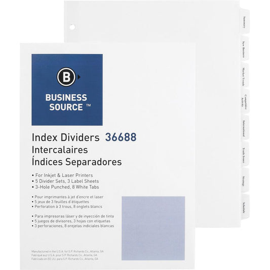 Business Source Punched Tabbed Laser Index Dividers - 8 Blank Tab(s) - 8.5" Divider Width x 11" Divider Length - Letter - 3 Hole Punched - White Paper Divider - White Tab(s) - Recycled - Mylar Reinfor