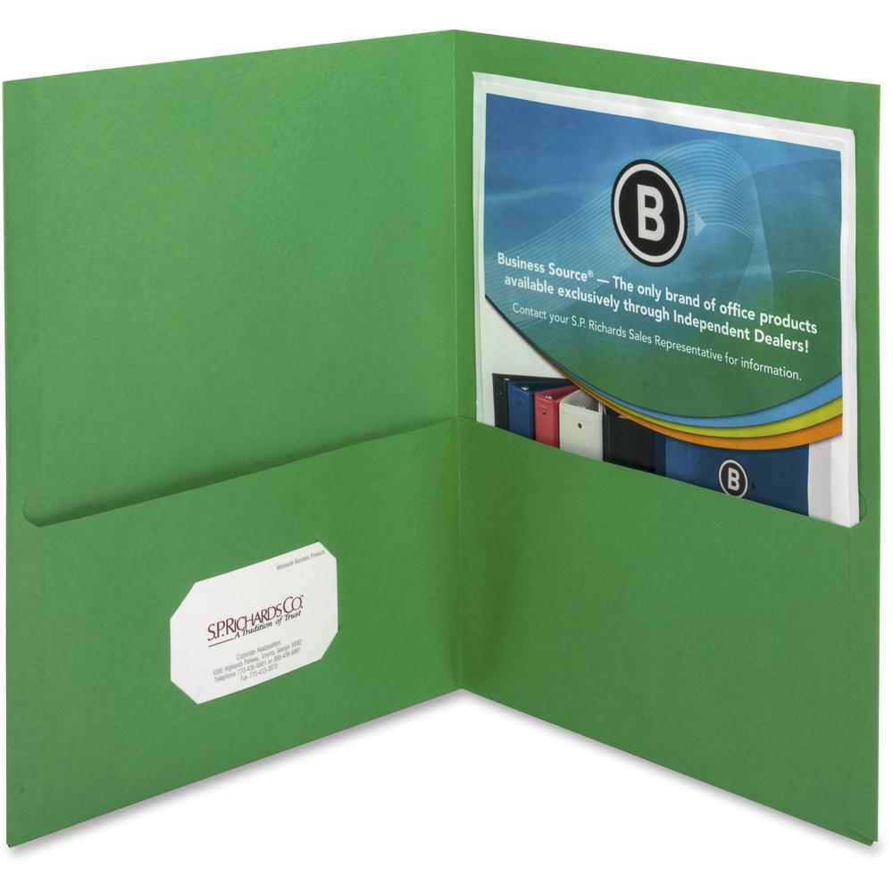 Business Source Letter Recycled Pocket Folder - 8 1/2" x 11" - 100 Sheet Capacity - 2 Inside Front & Back Pocket(s) - Paper - Green - 35% Recycled - 25 / Box