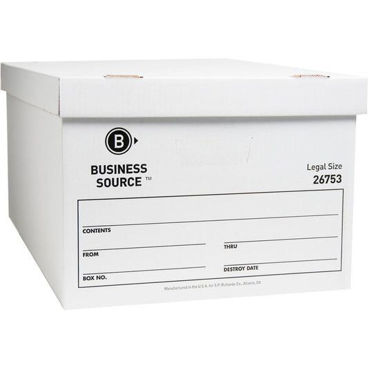 Business Source Lift-off Lid Light Duty Storage Box - External Dimensions: 15" Width x 24" Depth x 10"Height - Media Size Supported: Legal - Lift-off Closure - Light Duty - Stackable - Cardboard - Whi