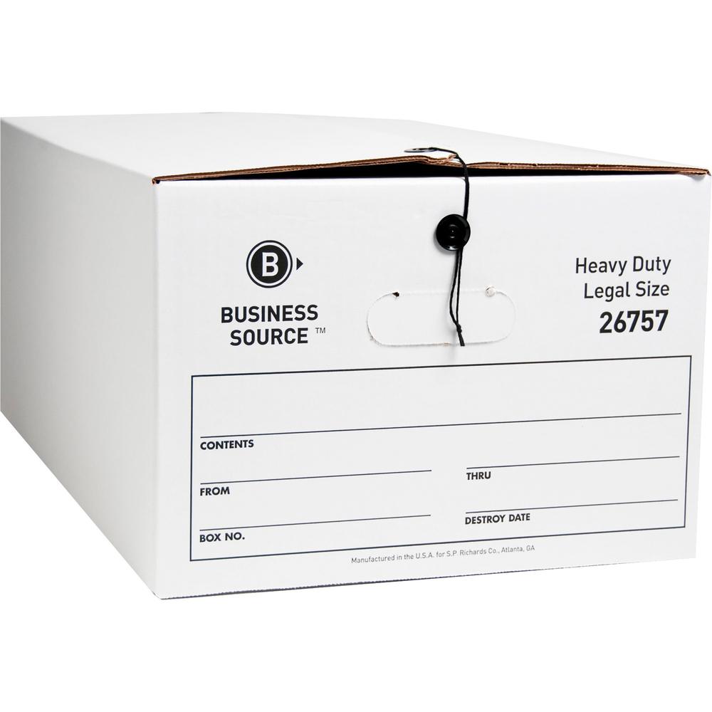 Business Source Heavy Duty Legal Size Storage Box - External Dimensions: 15" Width x 24" Depth x 10"Height - Media Size Supported: Legal - String/Button Tie Closure - Medium Duty - Stackable - White -