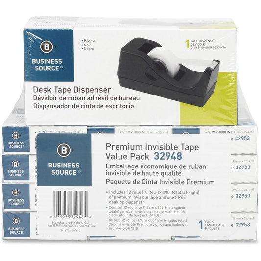 Business Source Invisible Tape Dispenser Value Pack - 27.78 yd Length x 0.75" Width - 1" Core - Acetate - Dispenser Included - Desktop Dispenser - For Multi Surface, Mending, Splicing, Holding - 12 /