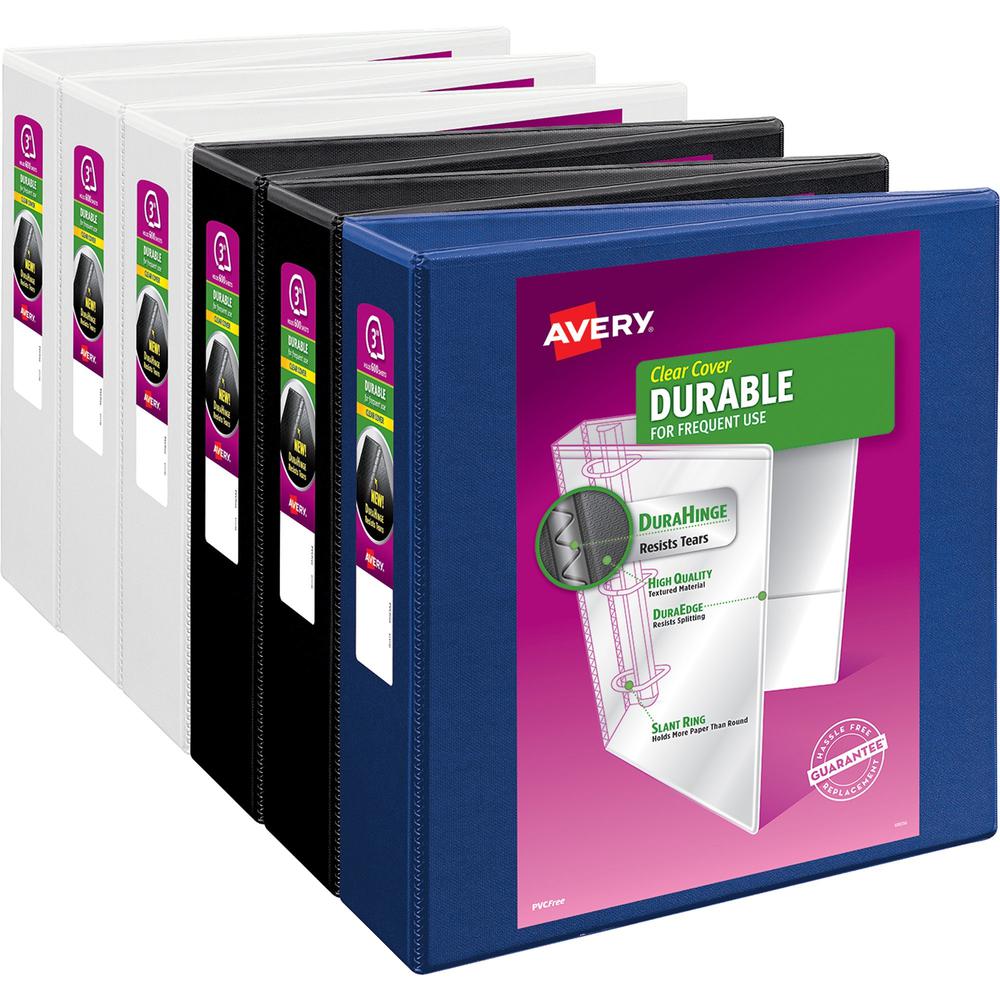 Avery&reg; Durable View 3 Ring Binder - Letter - 8.5" x 11" - 600 Sheet - 3" Capacity - 6 / Carton - Blue, White, Black