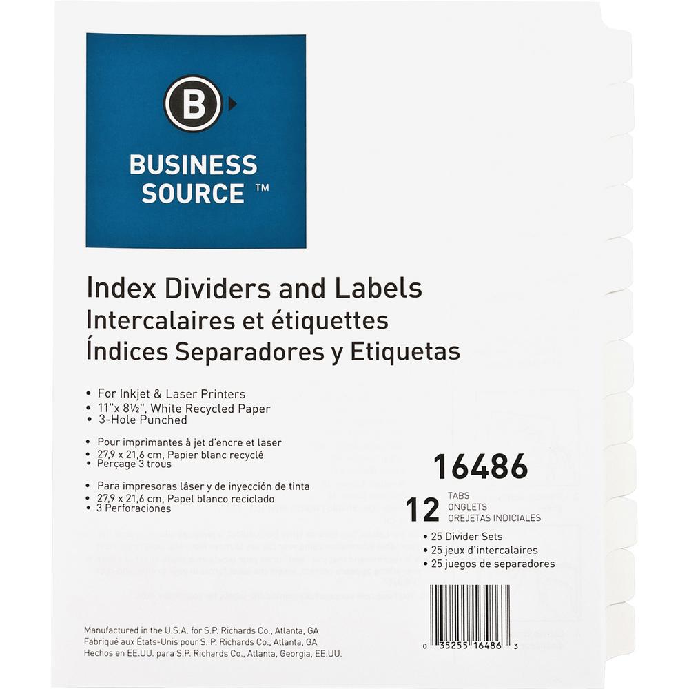 Business Source Customize 12-Tab Index Dividers - 12 x Divider(s) - 12 Print-on Tab(s) - 8.3" Divider Width - 3 Hole Punched - White Divider - White Tab(s) - Recycled - Punched, Mylar Reinforcement -