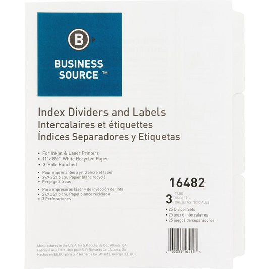 Business Source 3-Hole Punched Laser Index Tabs - 3 Tab(s) - 8.5" Divider Width x 11" Divider Length - Letter - 3 Hole Punched - White Tab(s) - Recycled - Punched, Mylar Reinforcement - 25 / Box