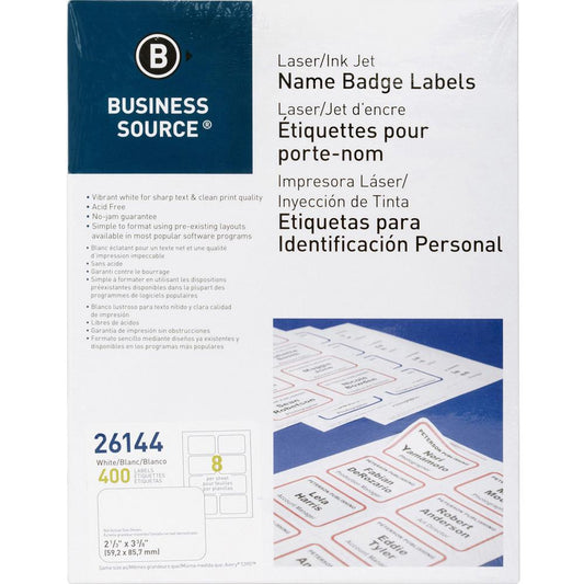 Business Source Laser/Inkjet Name Badge Labels - 2 1/3" Width x 3 3/8" Length - Rectangle - Laser, Inkjet - White - 8 / Sheet - 400 / Pack - Self-adhesive, Jam-free