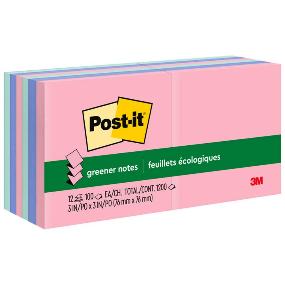 Post-it&reg; Greener Dispenser Notes - Sweet Sprinkles Color Collection - 1200 - 3" x 3" - Square - 100 Sheets per Pad - Unruled - Positively Pink, Fresh Mint, Moonstone - Paper - Repositionable, Pop-