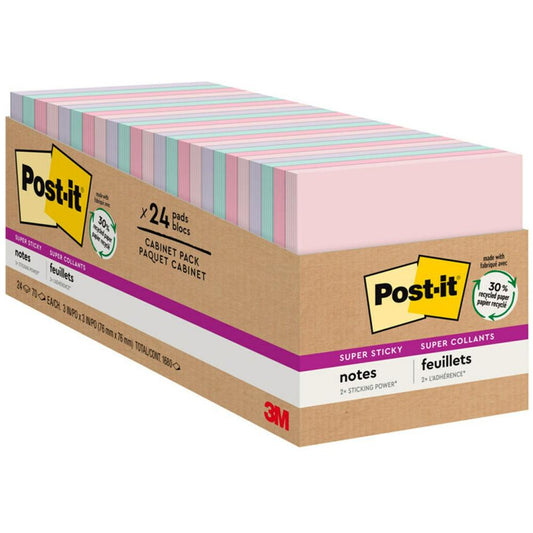 Post-it&reg; Super Sticky Notes Cabinet Pack - Wanderlust Pastels Color Collection - 1680 - 3" x 3" - Square - 70 Sheets per Pad - Unruled - Pink Salt, Positively Pink, Orchid Frost, Fresh Mint - Pape