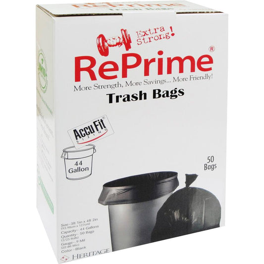 Heritage RePrime AccuFit 44-gal Can Liners - 44 gal Capacity - 37" Width x 50" Length - 0.90 mil (23 Micron) Thickness - Low Density - Black - Linear Low-Density Polyethylene (LLDPE) - 50/Box - Garbag