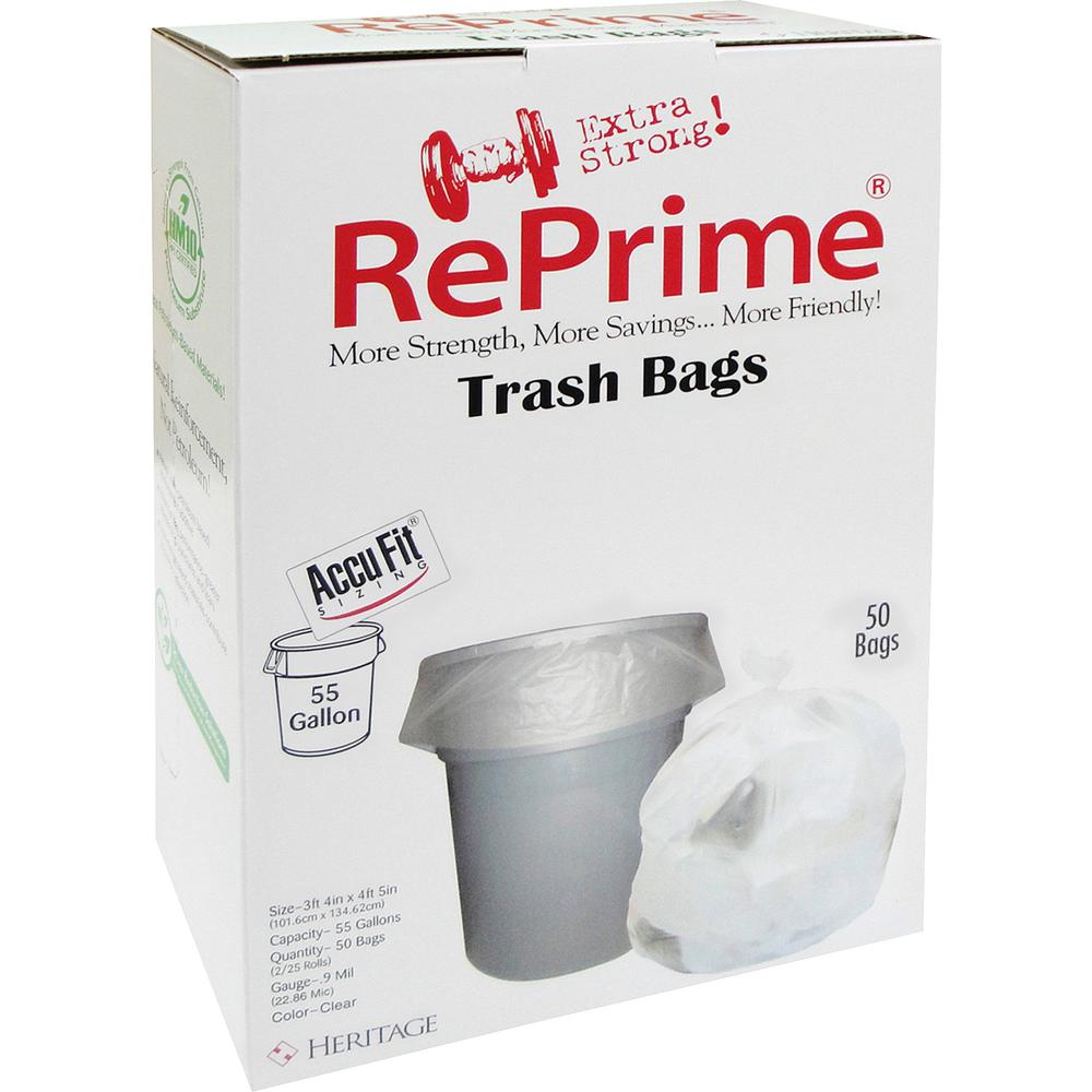 Heritage AccuFit RePrime Can Liners - 55 gal Capacity - 40" Width x 53" Length - 0.90 mil (23 Micron) Thickness - Low Density - Clear - Linear Low-Density Polyethylene (LLDPE) - 50/Box - Garbage