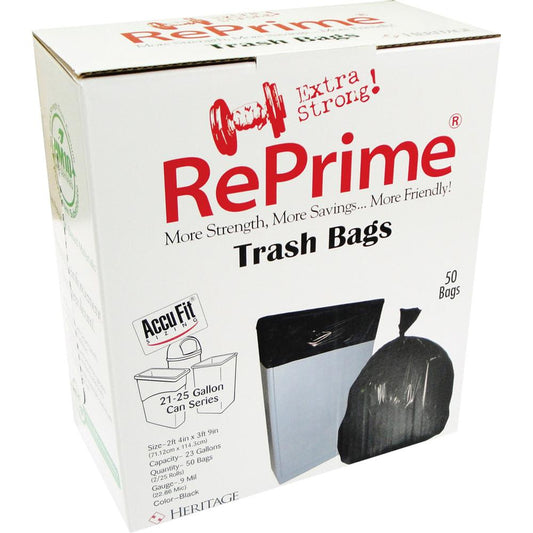 Heritage Accufit RePrime Trash Bags - 23 gal Capacity - 28" Width x 45" Length - 0.90 mil (23 Micron) Thickness - Low Density - Black - Linear Low-Density Polyethylene (LLDPE) - 50/Box - Waste Disposa