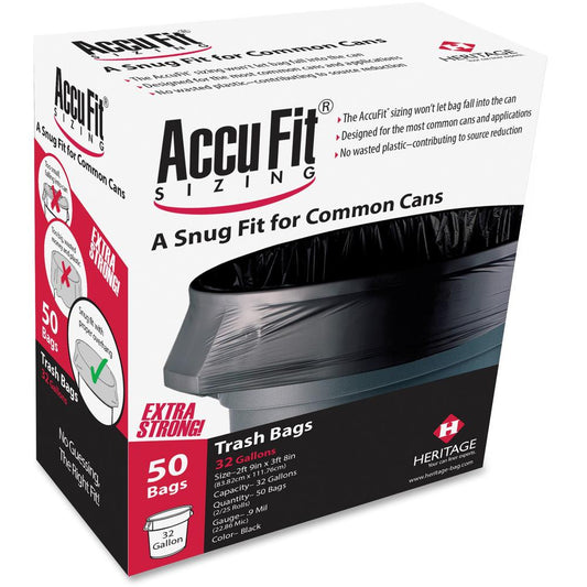 Heritage Accufit Reprime 32 Gallon Can Liners - 32 gal Capacity - 33" Width x 44" Length - 0.90 mil (23 Micron) Thickness - Low Density - Black - Linear Low-Density Polyethylene (LLDPE) - 50/Box - Gar