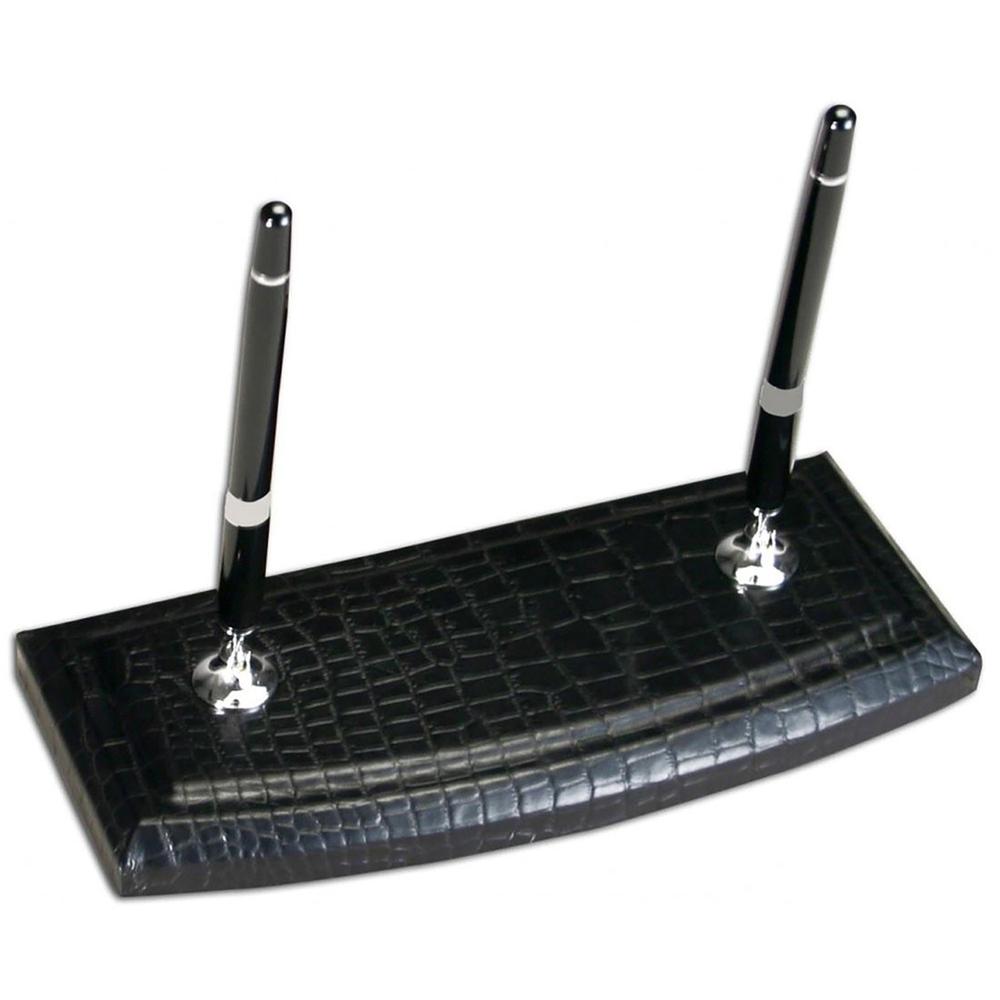 Dacasso Crocodile Embossed Black Leather Pen Stand - Leather, Velveteen - 1 Each - Black